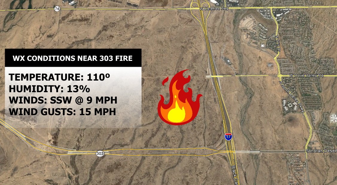 WeatherChitChat's tweet photo. Hot/dry conditions at the #303Fire that started this afternoon near the 303 and I-17. Currently estimated at 80-100 acres. #azwx #azfire https://t.co/vH5sQltI4C