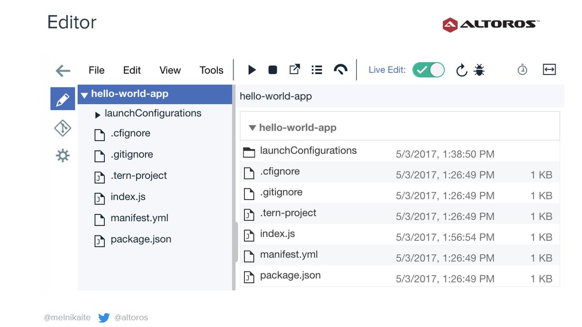 Altoros's tweet photo. Debugging in Production with #Bluemix Live Sync w/o Redeployment — https://t.co/YQCbHsJoN1 — #CFSummit session recap | #CloudFoundry #NodeJS https://t.co/x0uVAZm4V3