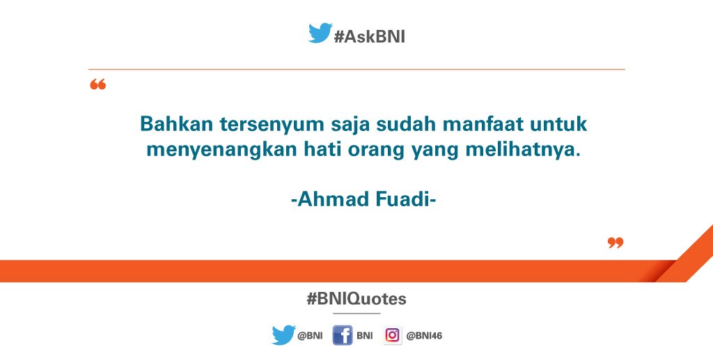BNI's tweet photo. Kebaikan hari ini bisa berawal dari hal yang paling sederhana - tersenyum! Happy Friday :) #BNIQuotes https://t.co/JKIGup8FFx