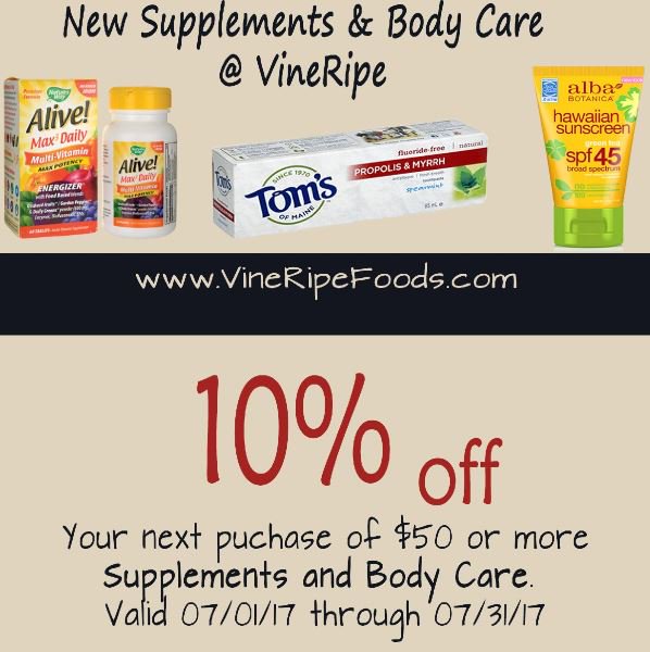 Swing by Vine Ripe Market in July and score 10% off $50 purchase or more in our new Supplements &amp; Body Care department. No need to print!!!