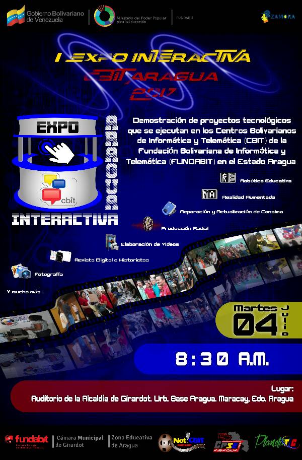 NotiCbit's tweet photo. Te Invitamos a la #ExpoInteractiva este 04 de Julio @Palabrayaccion @ZE_Aragua @MPPEDUCACION @Fundabit @AlcaldePedroB1 @CarylBertho https://t.co/DrO9vBcXKt