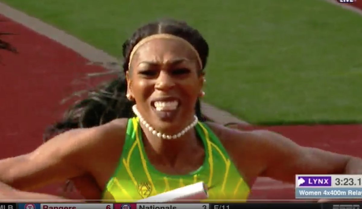FloTrack's tweet photo. OH MY OREGON DUCKS. Raevyn Rogers puts the team on her BACK and wins the 4x4 and the women's team title! #NCAATF 

NEW COLLEGIATE RECORD https://t.co/kgPZxWDTox