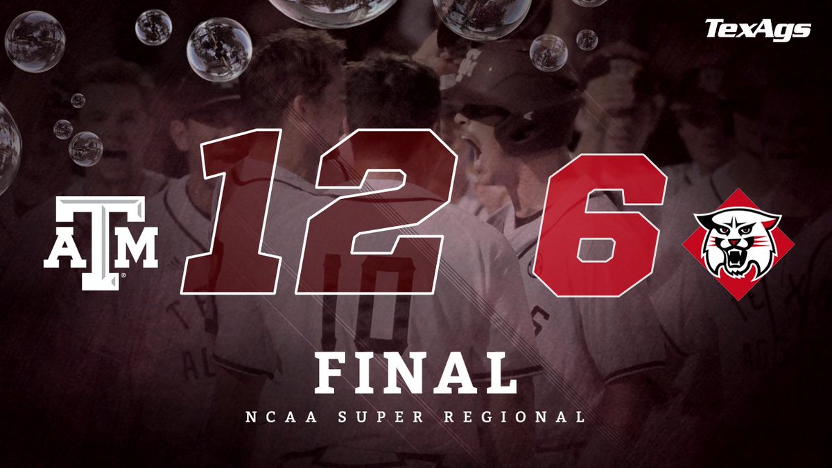TexAgs's tweet photo. Baylor ❌
Iowa ❌
Houston ❌
Davidson ❌

Texas A&amp;M goes 5-0 and is headed to the College World Series. https://t.co/dOI1TK1LvP