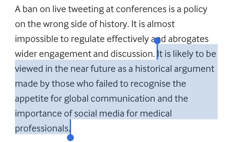 <a href="/Neil_J_Smart/">Neil Smart</a> @rupert_pearse @fascrs_updates <a href="/HerniaResearch/">Kristian K Jensen MD PhD DMSc</a> <a href="/jdcamcolorectal/">Justin Davies</a> <a href="/SWexner/">Steven D Wexner MD, PhD</a> <a href="/bottomdoc/">Ian Daniels FRCS</a> <a href="/PDawsonSurgeon/">Peter Dawson</a> <a href="/ManishChandSurg/">Manish Chand FRCS PhD MBA</a> My view is on the record "a ban on live tweeting at conferences is a policy on wrong side of history" bmj.com/content/353/bm…