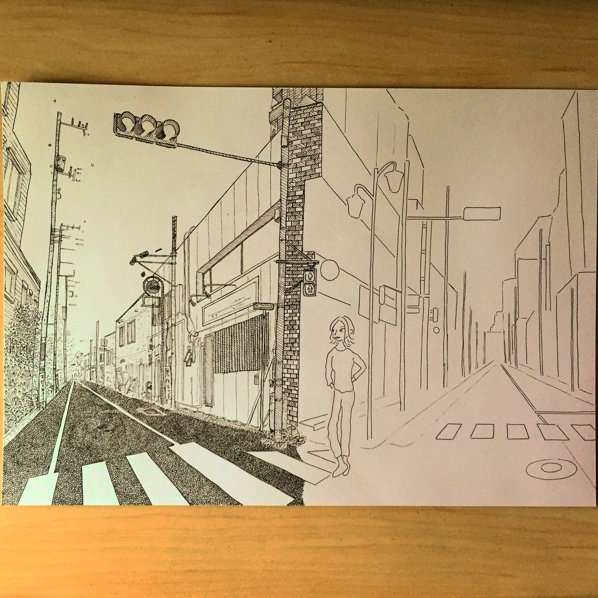 Sakki ミリペン ペン画 アナログ 制作中 線画 風景画 国立 外ハネ 二叉路 絵描きさんと繋がりたい