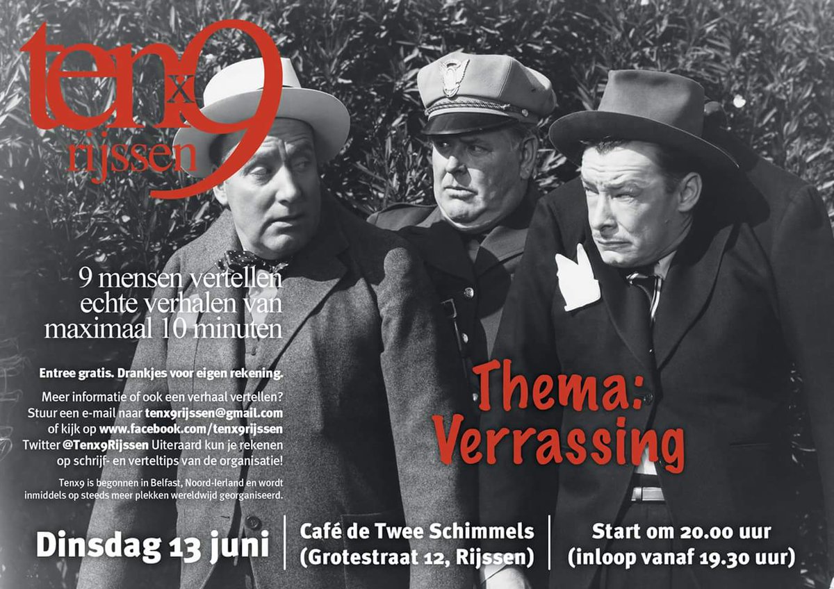 Er is nog ruimte voor wat vertellers! Tenx9rijssen@gmail.com #13juni <a href="/DeTweeSchimmels/">Carolien Jansen</a> #verrassing