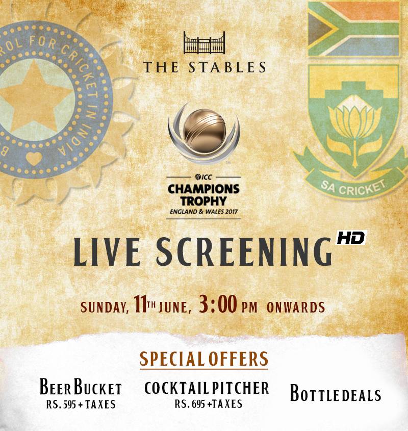 Watch this crucial match between #INDvSA in HD Screening at The Stables! Avail special #offers throughout the match.
#LiveScreening #Mumbai