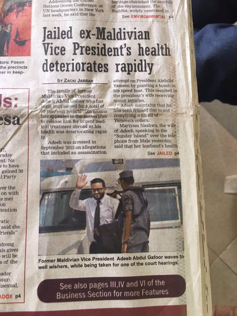 JenniferAishath's tweet photo. Jailed ex- Maldivian Vice President's health deteriorates rapidly #sundayleader https://t.co/mhUvnjwrhG