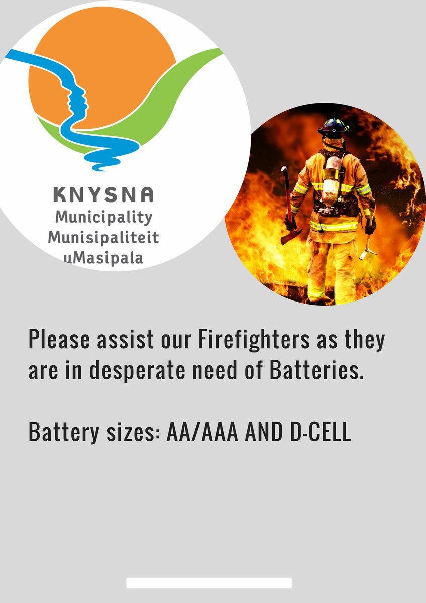 KnysnaMuni's tweet photo. #KnysnaFire If you are able to assist please urgently donate batteries to the firefighters.
Drop off emergency centre, 5 Clyde Street Knysna https://t.co/NhUrozukp9