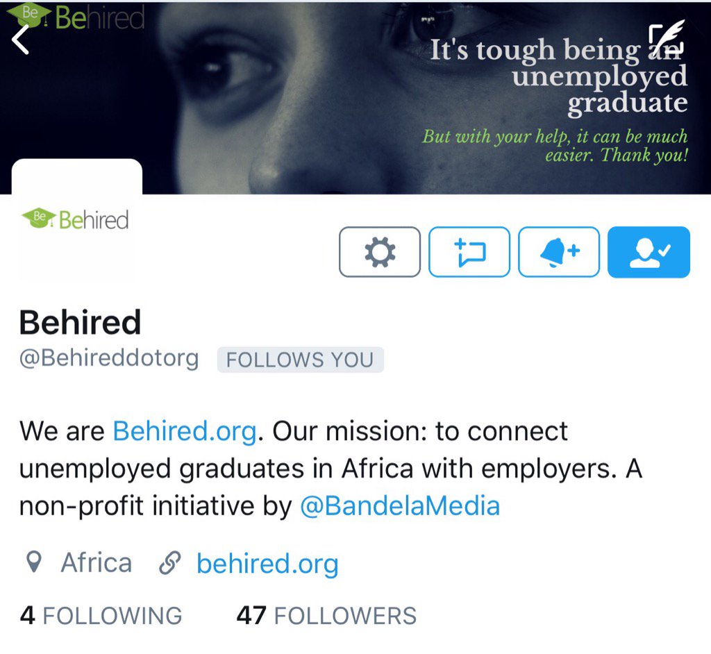 bandelamgoqi's tweet photo. We are 3 away from reaching 50 followers. Care enough about #UnemployedGraduates in Africa? Follow @Behireddotorg https://t.co/ps2q99aorK