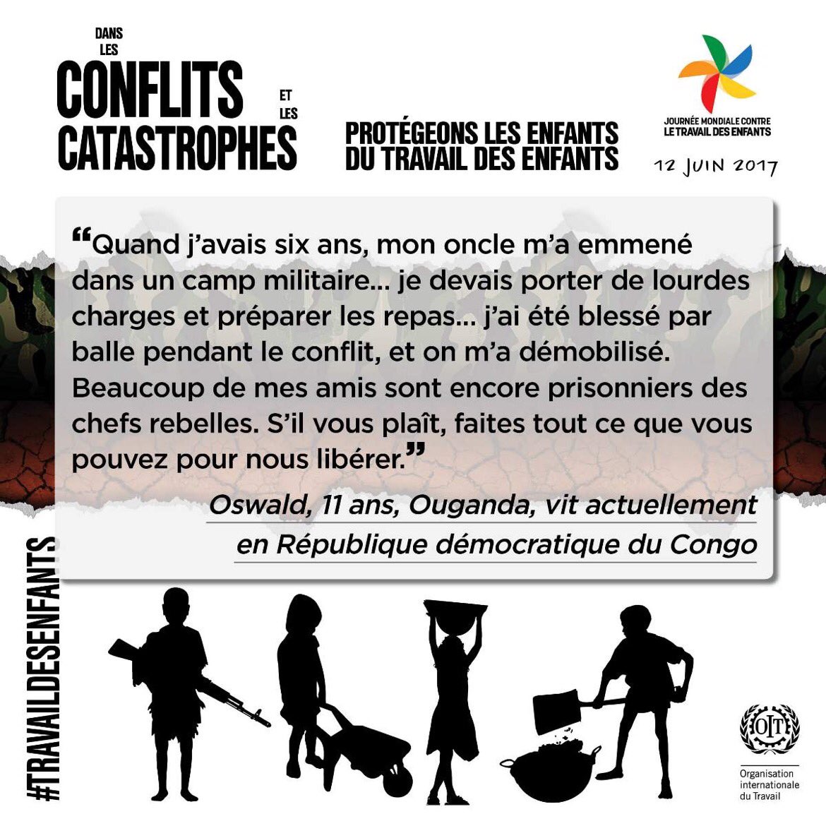 J-1 avant la Journée mondiale contre le #travaildesenfants. Lisez le message d’Oswald, 11 ans, RDC. Rejoignez-nous! bit.ly/WDACL2017FR
