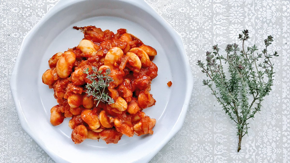 Homemade baked beans, with butter beans, passata and thyme; today's flavoursome breakfast served with simple potato farls #SundayBrunch