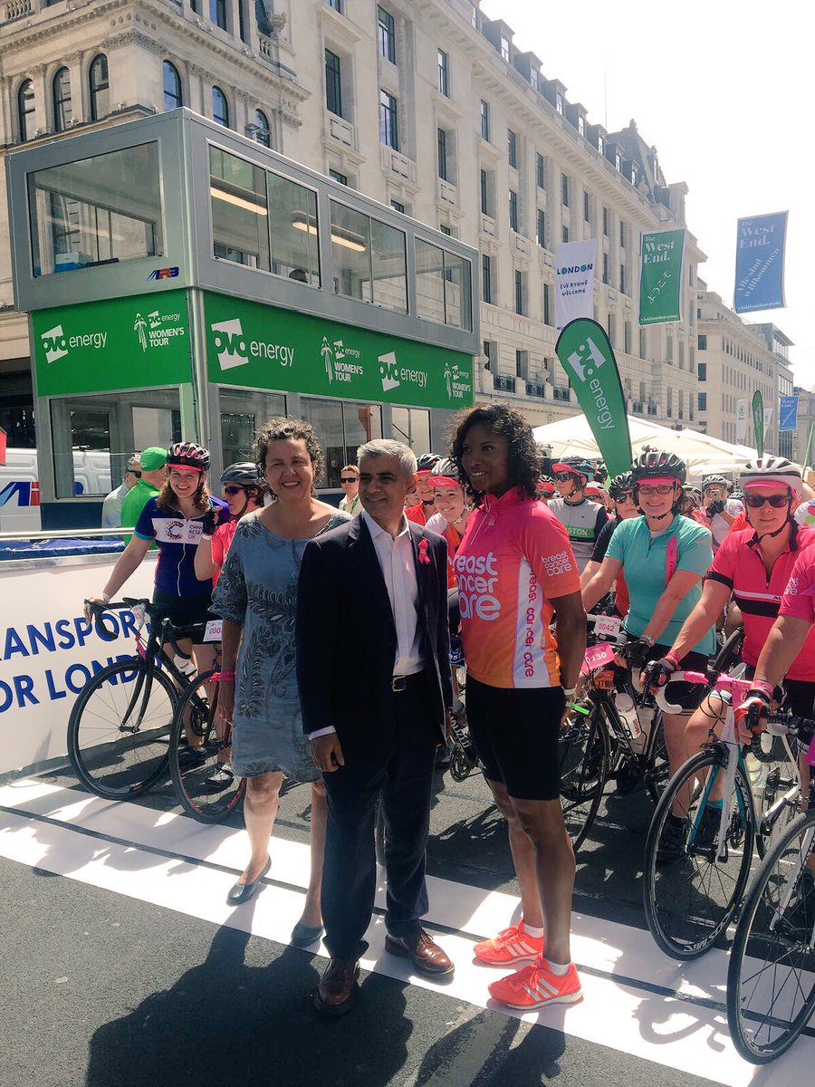 BreastCancerNow's tweet photo. We're thrilled the @MayorofLondon and @RealDeniseLewis are here to show their support for over 700 women cycling the #PinkRibbonTour today 🎀 https://t.co/Q7eNzt5GHb