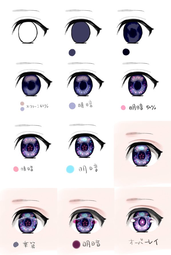 珠樹みつね 님의 트위터 瞳のメイキング 虹彩や瞳孔の形でバリエーション出してるけど手順は大体こんな感じ キラキラの描き方にもっと細かく載ってます 宣伝 T Co Flteublcq4 T Co Cw7tj9qcsz 트위터