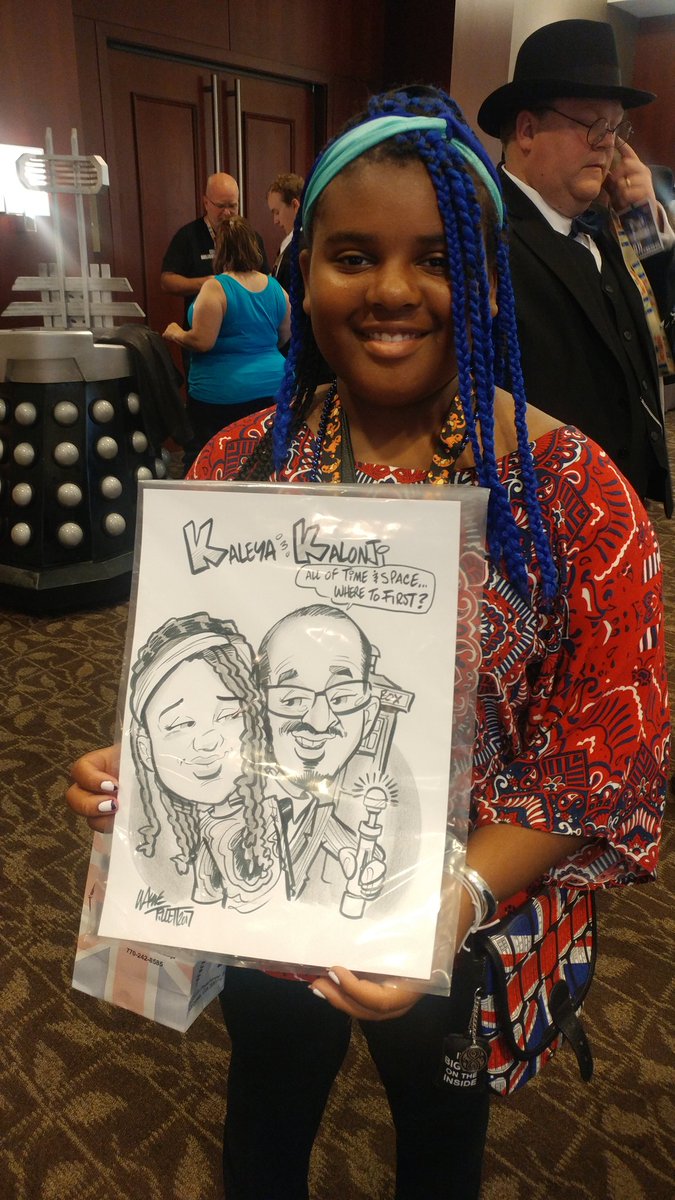 Taneya's tweet photo. Am so impressed by this caricature of Kaleya and @KnowledgeKorner by @TillToons! He did a great job! #ConK2017 #drwho https://t.co/YXqV4lTtcy