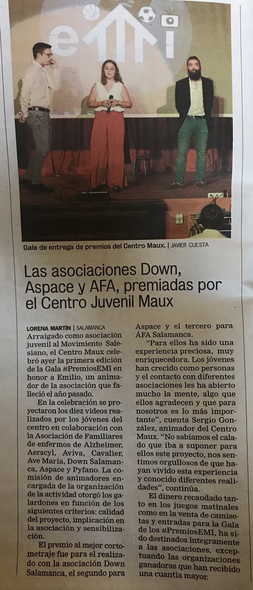 mauxsalamanca's tweet photo. La prensa se hace eco de la Gala de #PremiosEmi. Agradecer el apoyo del @aytoSalamanca con la presencia del Concejal de Juventud @dllanosg https://t.co/liasgpM2W6
