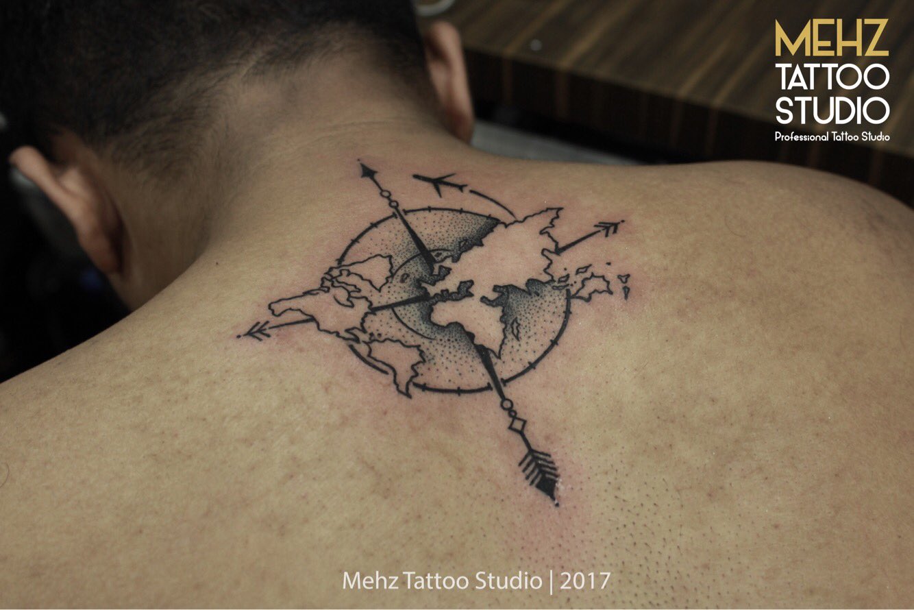 Tattoology Studio on Tumblr: Compass with World Map Tattoo... #tattoo # tattoos #forearmtattoo #compasstattoo #worldmaptattoo #arrowtattoo  #worldmap #compass...