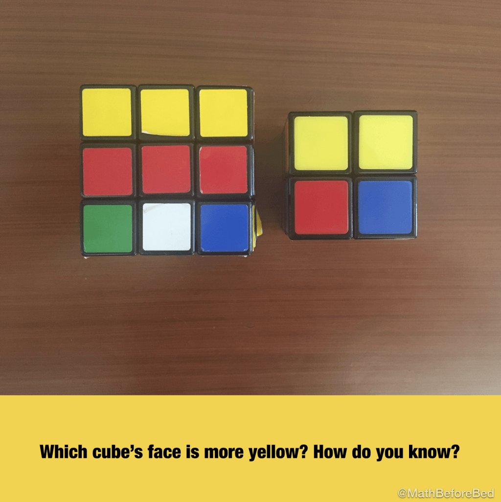 MathBeforeBed's tweet photo. Two Cubes: Which cube's face is more yellow? How do you know? #mathed #mtbos #parenting https://t.co/XJy2PxGMb4 https://t.co/QWafO4bRwK