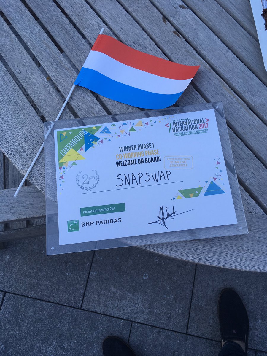 SnapSwap's tweet photo. Great achievement! The 2nd place at #internationalhackathon in #lux, congrats to the #snapswap team👍🎉looking forward to the co-working phase https://t.co/ViGig7zTVC