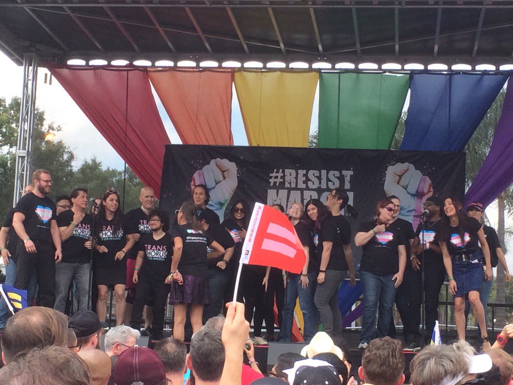 robsalerno's tweet photo. As the crowd chants "Trans Lives Matter", the LA Trans Chorus appears to sing "Rebel Rebel" #ResistMarch https://t.co/WwZJGNFbcD