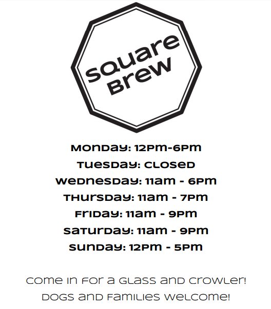 Open today 12-5pm pouring Vienna is Waiting and Square One Pilsner. Stop by for one of the 20 mugs left!
See below for weekly hours