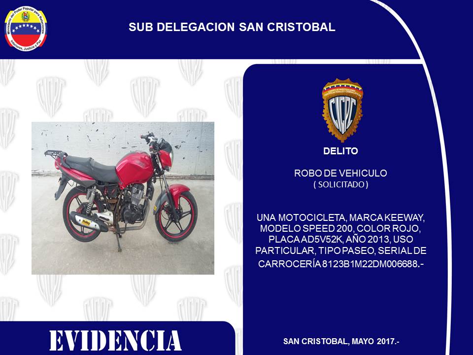 Cicpc0061's tweet image. #CICPC SAN CRISTÓBAL Recuperó Vehículo MOTOCICLETA, MARCA KEEWAY PLACAS AD5V52K, Solicitada por el delito ROBO DE VEHÍCULO @DouglasRicoVzla
