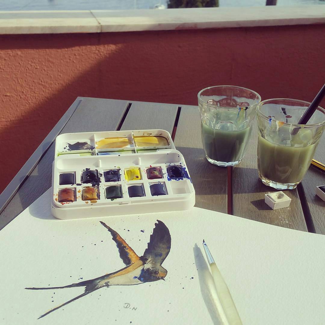 DNightingaleart's tweet photo. Painting on the balcony in corfu, watching the Swallow's #swallow #corfu #whitehouse #birds #corfuswallows #davidnightingaleart https://t.co/RkMnbjmCvy
