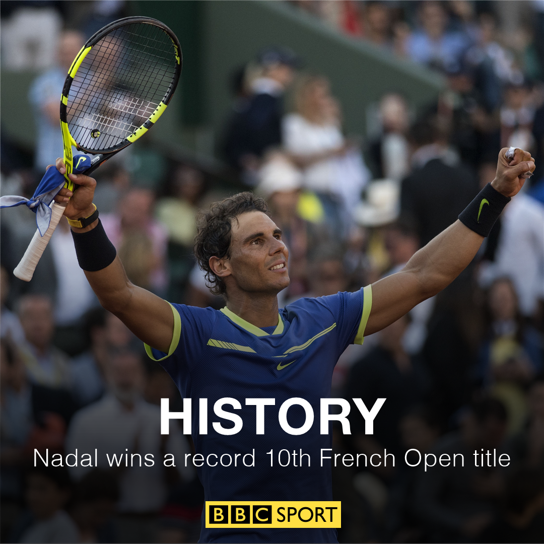 BBCSport's tweet photo. 🏆🏆🏆🏆🏆🏆🏆🏆🏆🏆

The King of Clay does it again 👑

Rafael Nadal beats Stan Wawrinka in straight sets to win his TENTH #FrenchOpen title

#RG17 https://t.co/RkqHoI0FSe