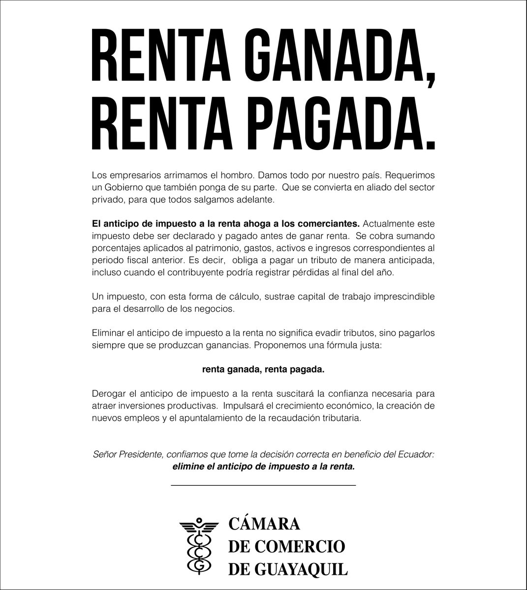 lacamaragye's tweet photo. Los comerciantes proponemos eliminar el anticipo del Impuesto a la Renta #RentaGanadaRentaPagada https://t.co/VTp6BVAs3S