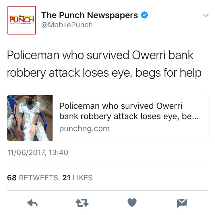 Tutsy22's tweet photo. Pls can u help me find D Policeman who survived the robbery @ZenithBank Owerri?

RT this tweet until someone connect me to him.

Thank you. https://t.co/T5w81aQJBq