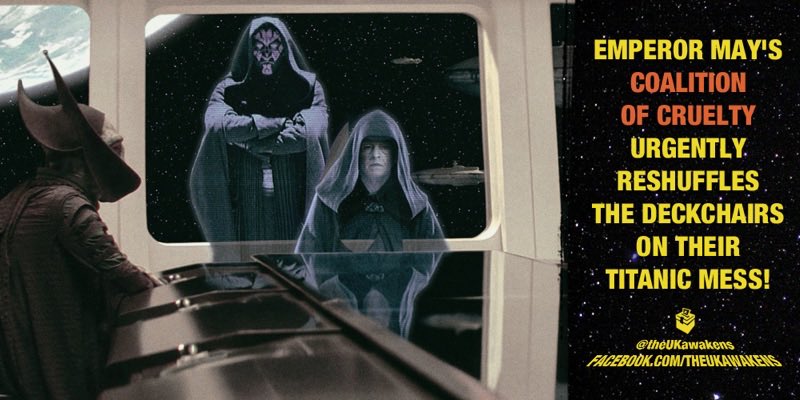 theUKawakens's tweet photo. Emperor May's COALITION OF CRUELTY urgently reshuffles the deckchairs on their TITANIC mess!
#GE2017 #HungParliament #reshuffle #BBCelection https://t.co/YQ5kqyOoBf