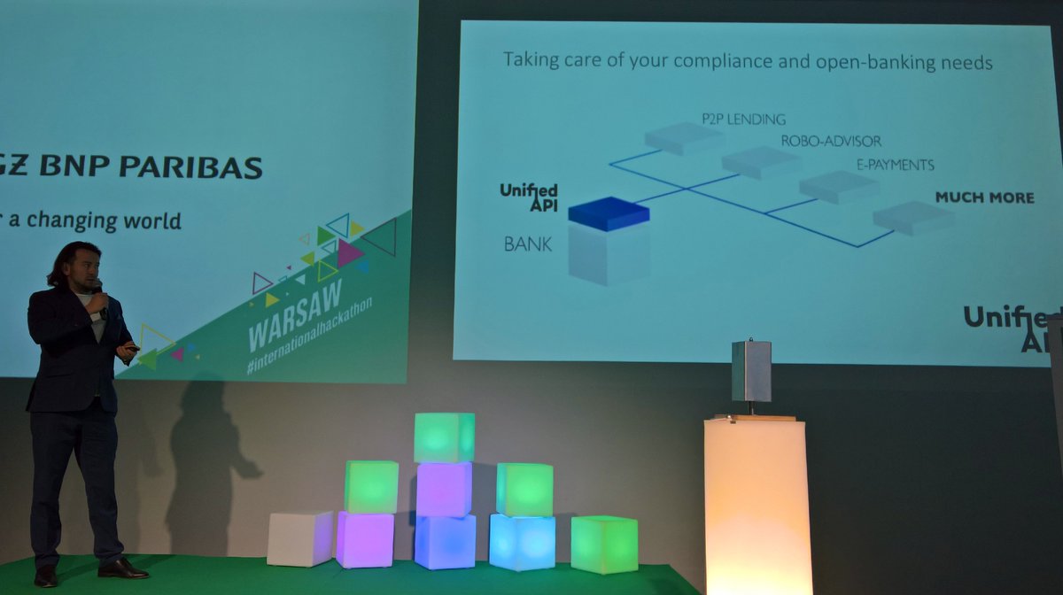 KamilBrzezinski's tweet photo. #unifiedAPI is another one API solution for open #bank. 20 banks, 1k transactions/s #internationalhackathon #warsaw https://t.co/QlpUe1NWuU