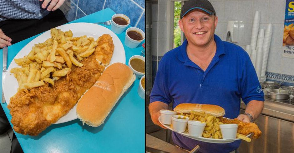 ladbible's tweet photo. Owner is looking for people who can beat this fish and chips challenge and only seven people have finished it. https://t.co/QFLrlJGIBr https://t.co/YwQ3PY9fbd