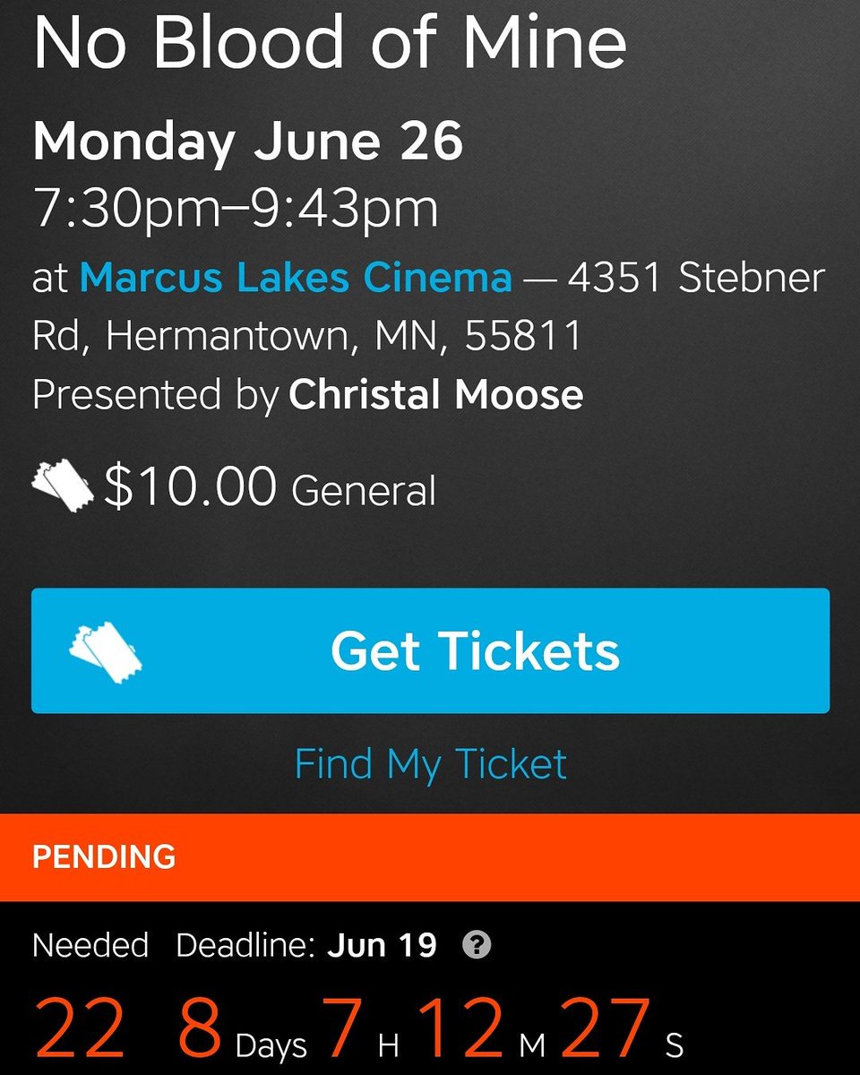 ChristalMoose's tweet image. Only 22 more online ticket purchases needed to secure this! Let's do this!
tugg.com/titles/no-bloo…
#IndieFilm #duluth #NativeActor