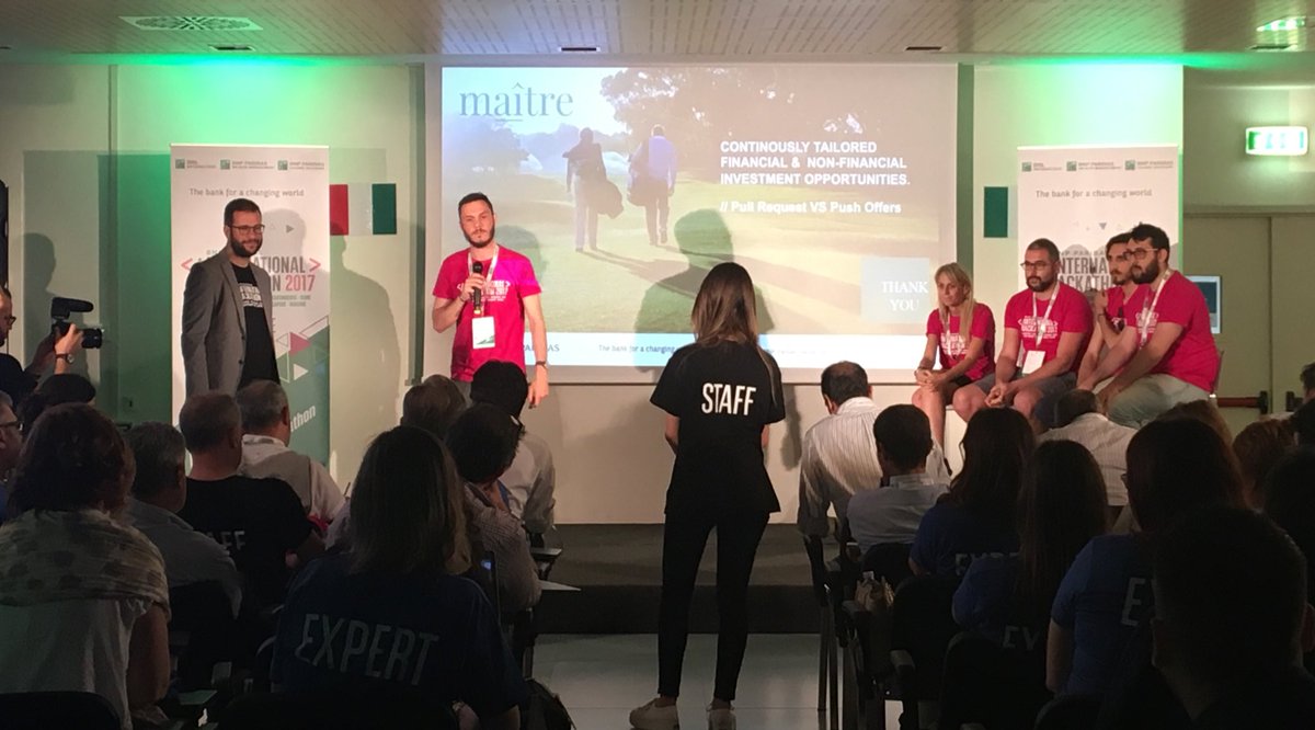 On the Stage 1 minute ago, <a href="/GoSherpy/">GoSherpy</a> presents #maître solution for #privatebanking #internationalhackathon #rome <a href="/wearenois3/">NOIS3</a> <a href="/BNPParibas/">BNP Paribas Group</a>