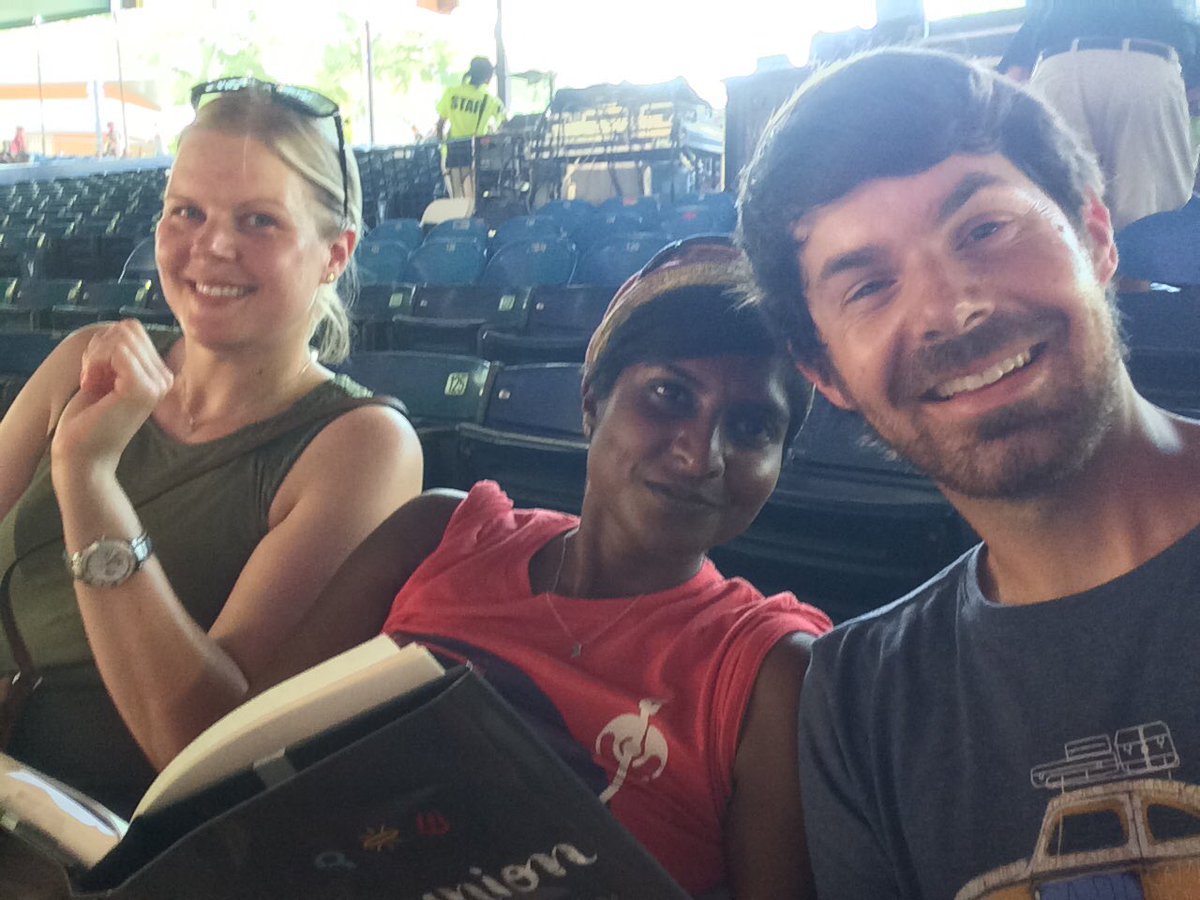RodneyPGreen's tweet photo. A Good Samaritan upgraded our seats for @jackjohnson #jackjmpp with @KaraEmrich @DianaGovenderG ...Reading @Bruxy as we wait https://t.co/mBFoTCEFW5