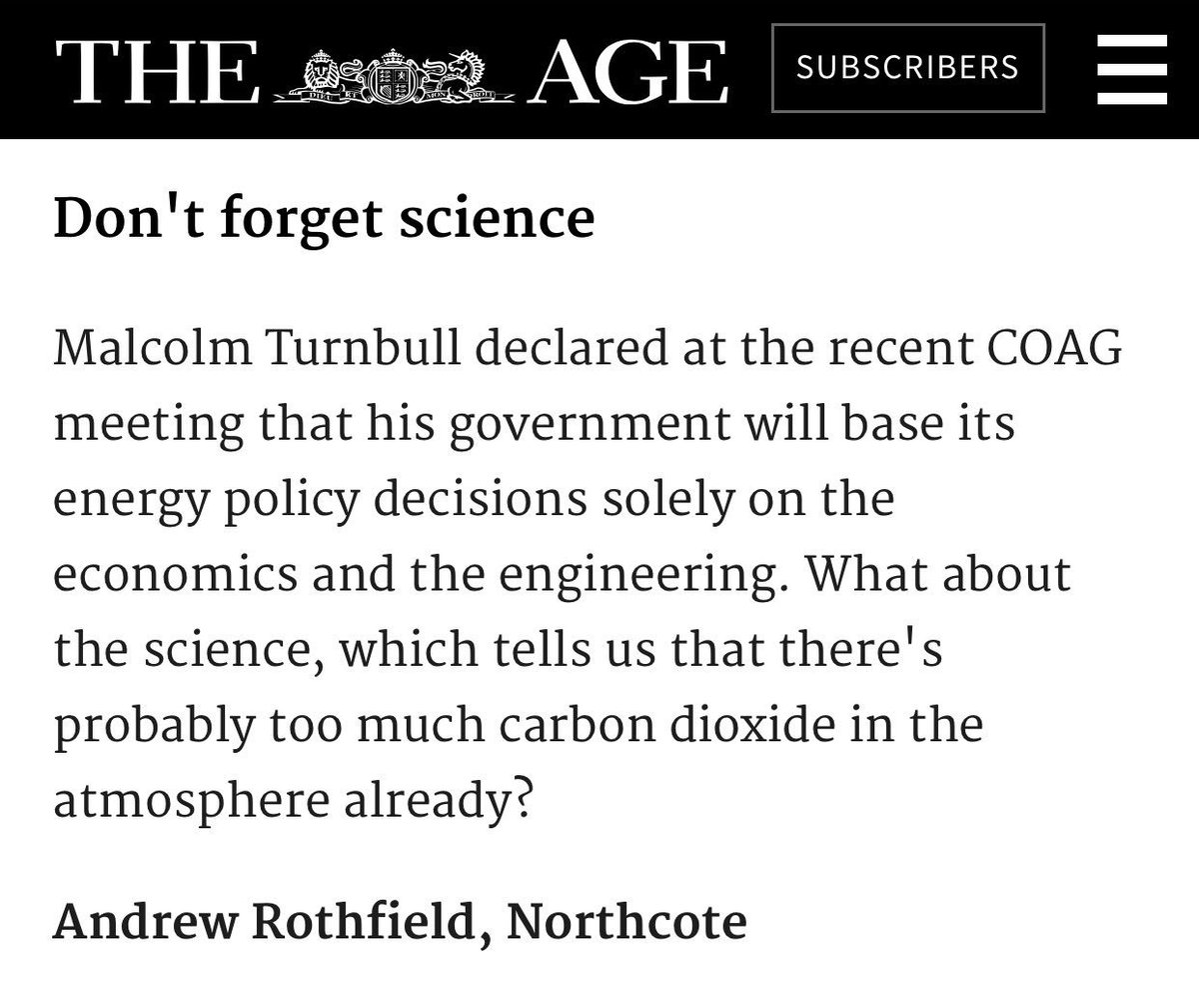 Letter in <a href="/theage/">The Age</a> notes the debate re energy policy assiduously avoids science - which tells us pollution must be cut urgently #auspol #COAG