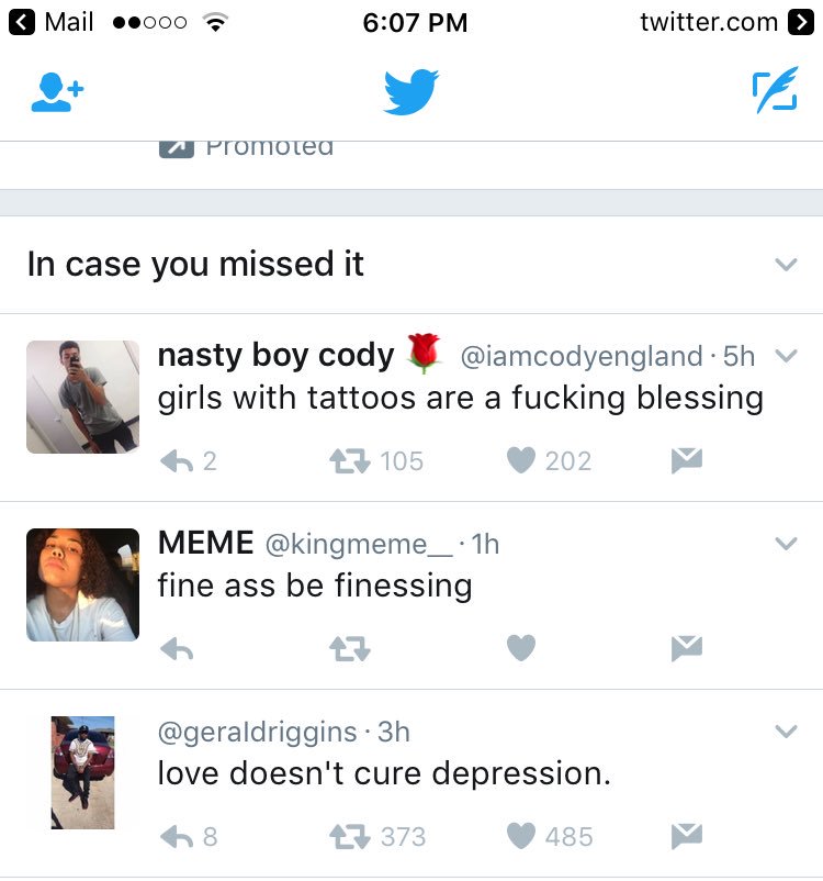 When you get on twitter and your followers tweets sound like a song together rhyming and shit😂 @kingmeme__  @iamcodyengland @geraIdriggins