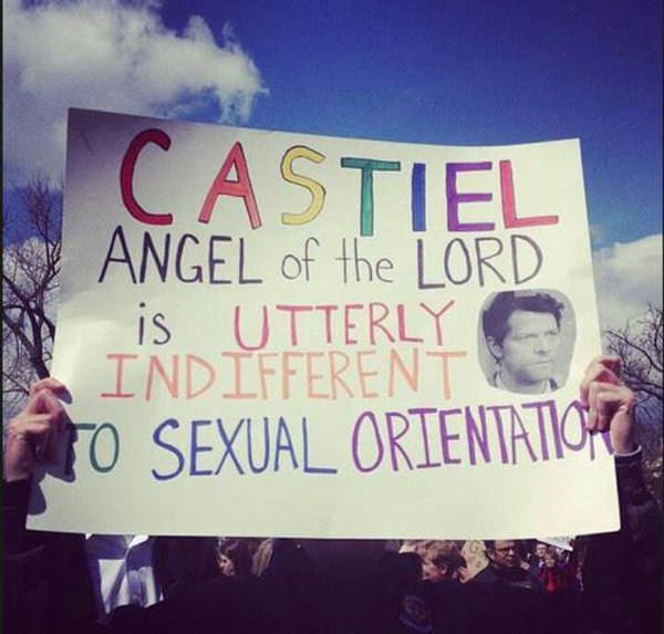 mishacollins's tweet image. Cas may lack certain social graces, but he's got this much right. #PrideWeekend #PrideMonth #LGBTQA
