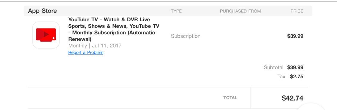 DavidReisnerCNN's tweet photo. .@YouTubeTV I'm confused. Wasn't it $35 a month? @AppStore just charged me $39.99 + tax. https://t.co/yML05Cxx6w