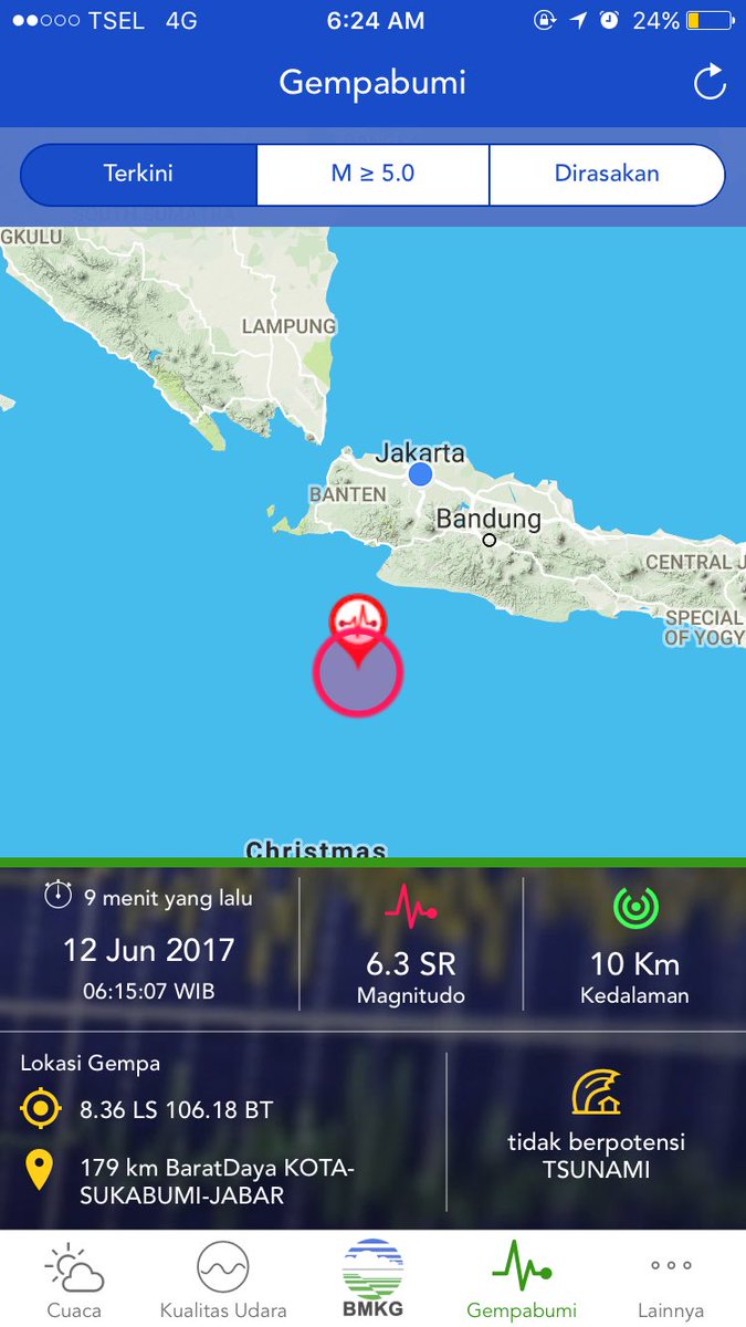 infoBMKG's tweet photo. #Gempa Mag:6.3 SR, 12-Jun-17 06:15:07 WIB, Lok:8.36 LS,106.18 BT (179 km BaratDaya KOTA-SUKABUMI-JABAR), Kedlmn:10 Km #BMKG https://t.co/UWITzR4OCo
