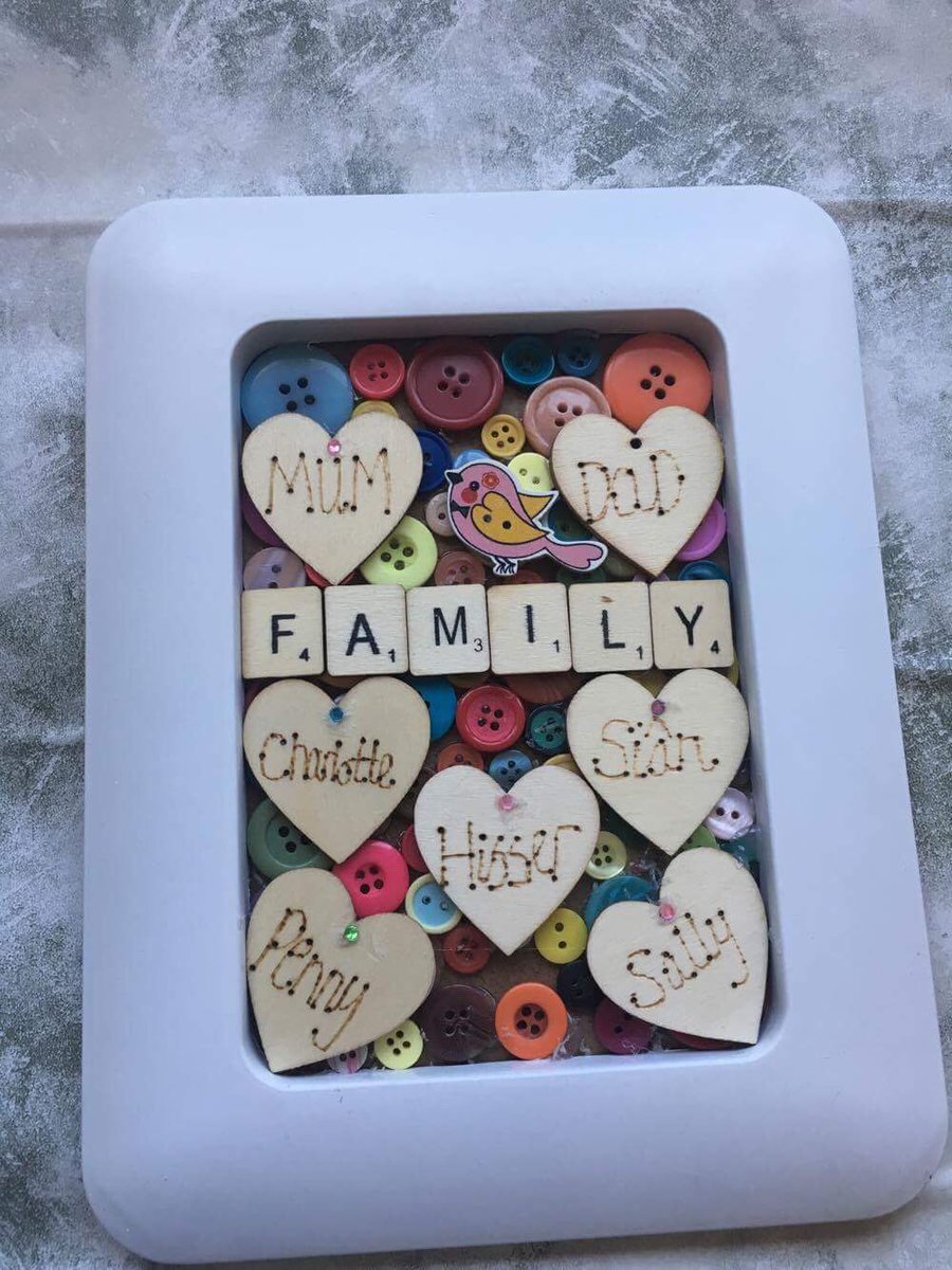 GriffoGifts's tweet photo. This cute as a button frame can be personalised for your own family! ☺️💜 #handmadehour #familyframe #buttoncraft https://t.co/tAbcpwoTKX