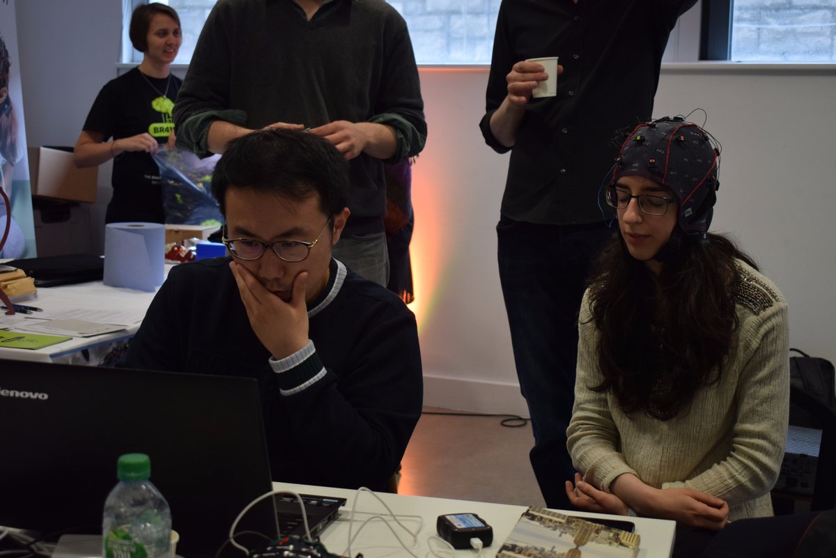 ColmGPeelo's tweet photo. Team #HumanCentipEEG at work at #HackTheBrainDublin at the @SciGalleryDub @RRocheNeuro https://t.co/F3eKZB2Iw9