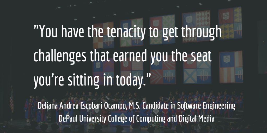 DePaul_News's tweet photo. "Keep reinventing yourself," @DepaulU student speaker Deliana Andrea Escobari Ocampo advises @CDMDePaul and @CMNDePaul. #DePaulGrad2017 https://t.co/df4WInOzYx