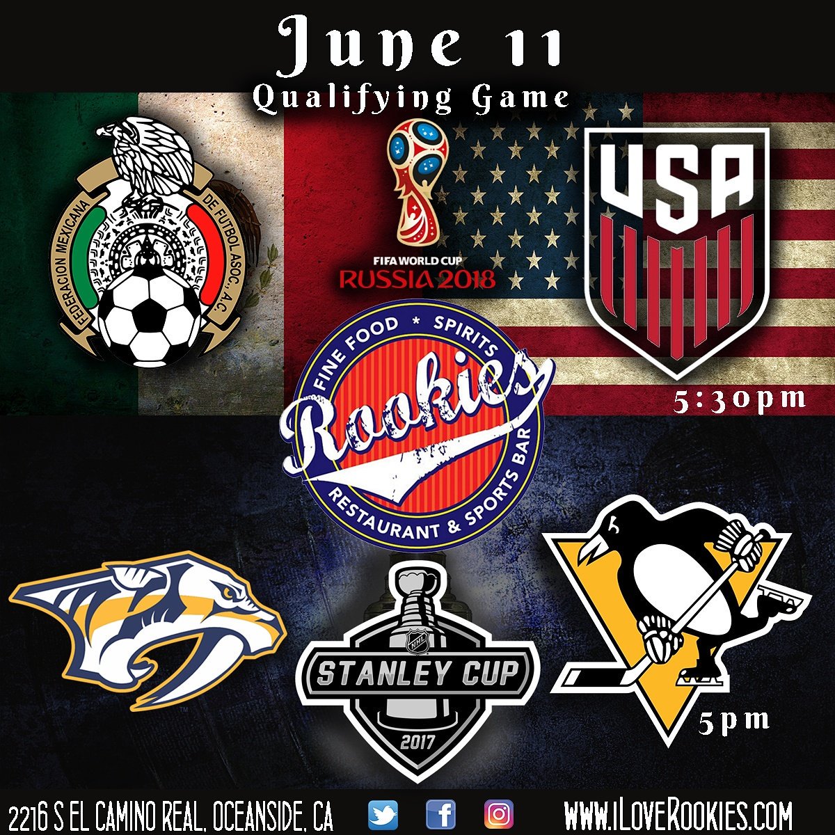 iheartrookies's tweet photo. June 11 2017 #worldcup2018 qualifier #mexicovsusa. #Game6 #StanleyCup. 50TV's, 3 Projectors and 30 beers on tap. #iloverookies #oceansideca https://t.co/Y9QrqiXOFB