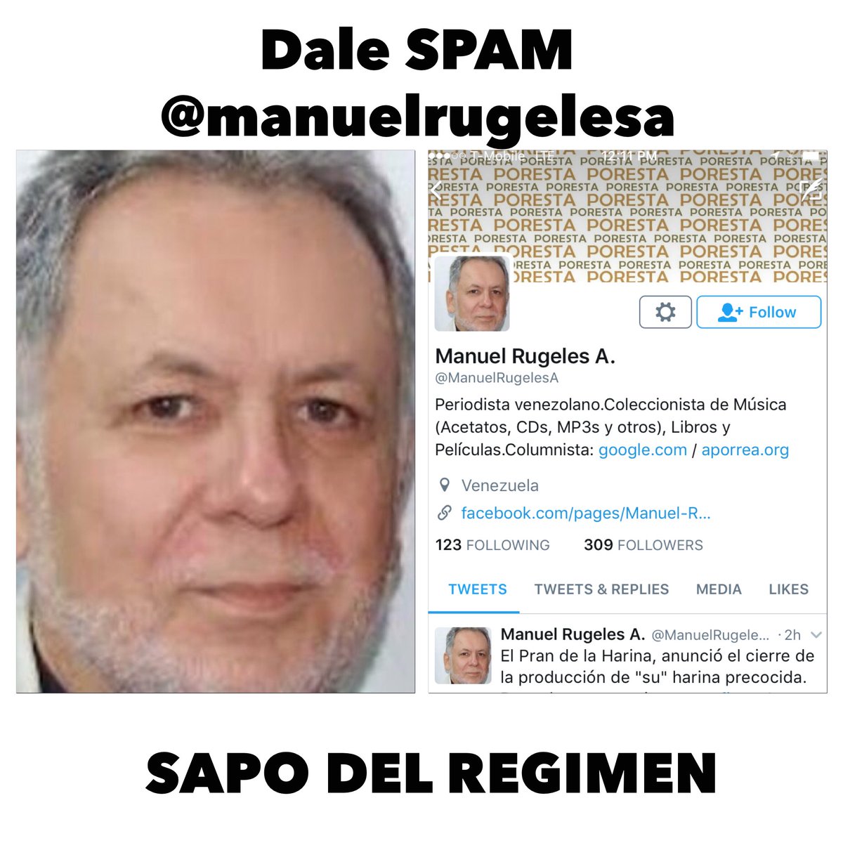 turcomasri's tweet photo. Reporta como SPAM a @ManuelRugelesA quien es SAPO del regimen y escribe en #aporrea Maldita Rata Comunista #NicolasMaduroasesino https://t.co/zjVqKimibZ
