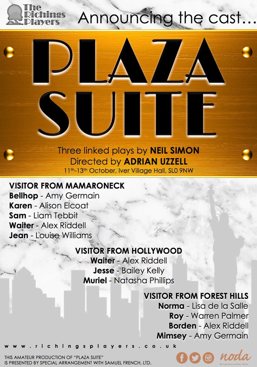 richingsplayers's tweet photo. We're delighted to announce the cast of our next production, Neil Simon's three linked plays - #PLAZASUITE! #iver https://t.co/zOjLQUA3Ev https://t.co/WpPYjzznUA