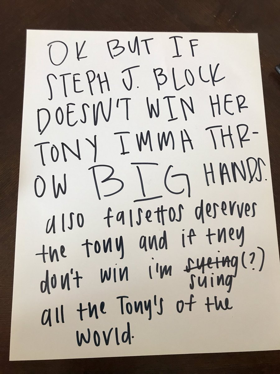 deafwestnewsies's tweet photo. filled out my tonys ballot + a little somethin extra on the back just for @StephanieJBlock and @FalsettosBway to express my emotions https://t.co/MShmEkhdOE