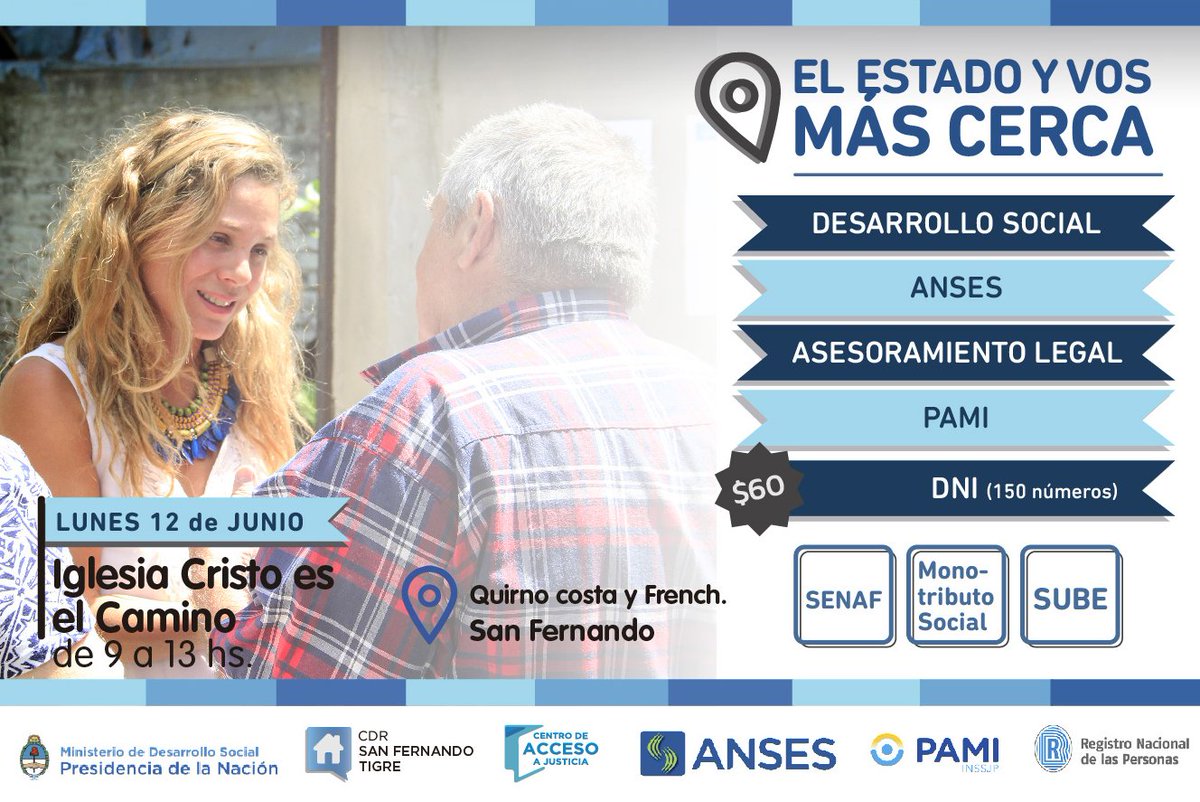 #Mañana de 9 a 13hs hacé tus trámites en la esquina de Quirno Costa y French #SanFernando: DNI, PAMI, ANSES, SUBE
#EstarCerca <a href="/MDSNacion/">Ministerio de Desarrollo Social de la Nación</a>