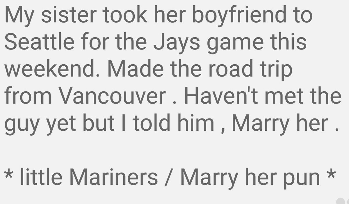 JaysPuns's tweet photo. Sounds fair to me. #BlueJays #Mariners #Puns #TrueStory https://t.co/5AhQeDsMQa